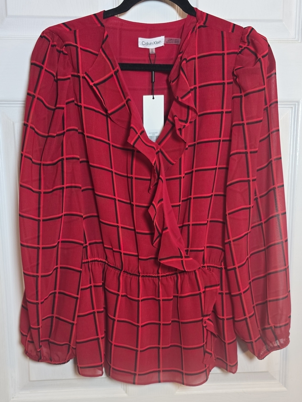 Calvin Klein M Medium Red Windowpane Ruffle V-Neck Peplum Top Blouse Shirt